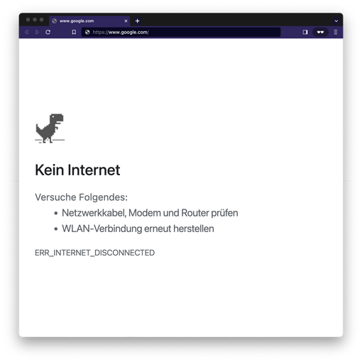 Browserfenster mit der Fehlermeldung "Kein Internet"